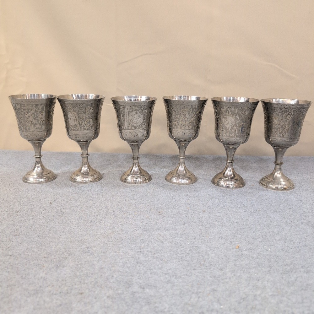 World Gift India Silver Tone Etched Floral Goblets Chalice Set of 6 NA306 - Picture 1 of 11